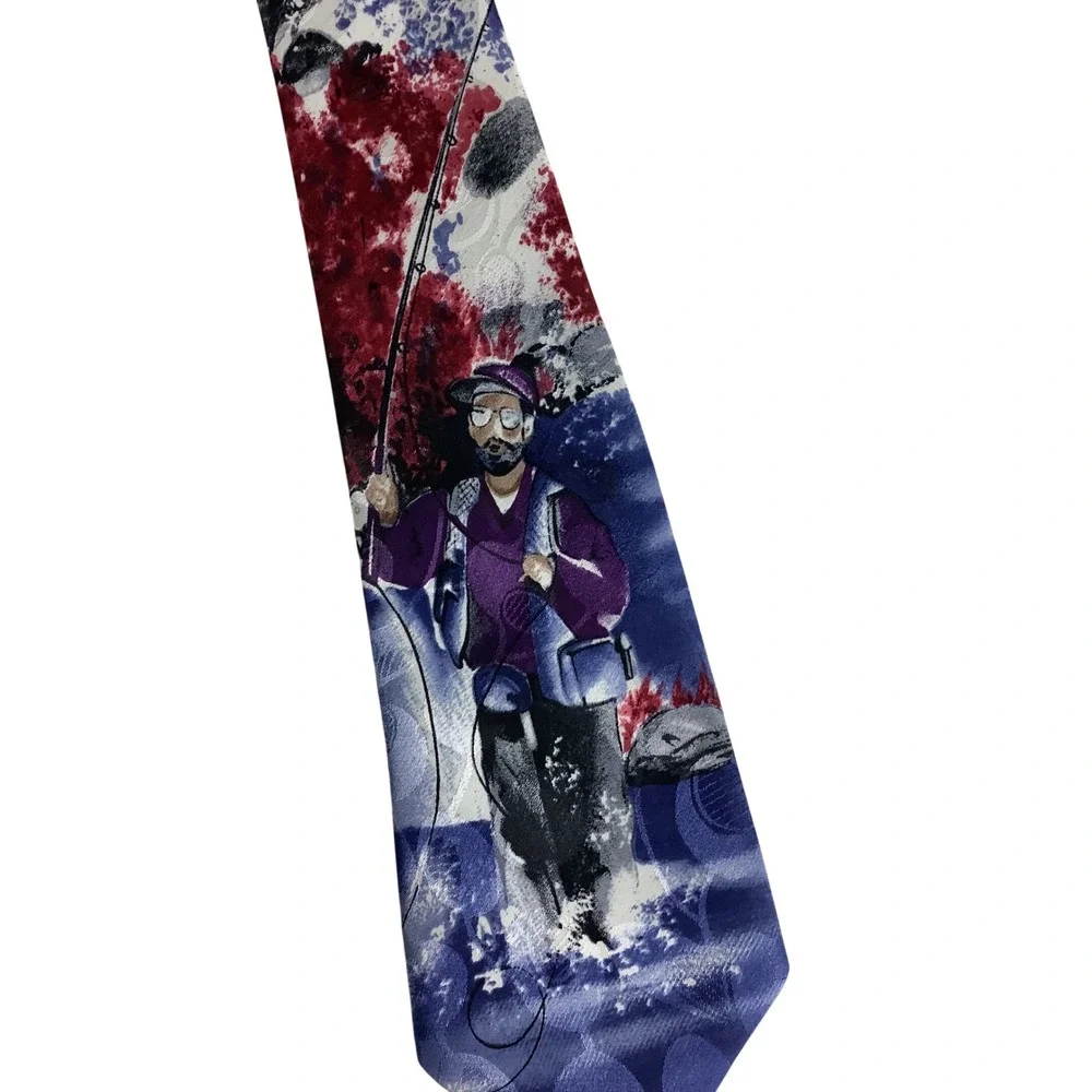Gold Star Mens Blue Burgundy Fly Fishing Fisherman Novelty Graphic Necktie Tie